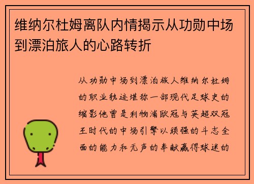 维纳尔杜姆离队内情揭示从功勋中场到漂泊旅人的心路转折